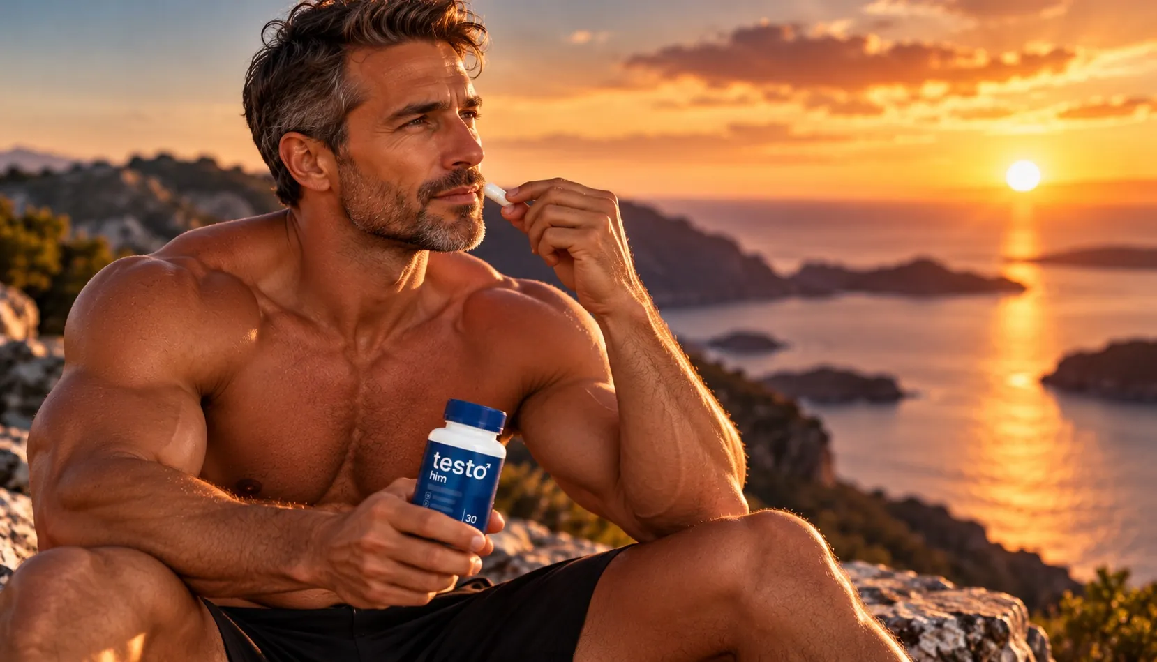Homme torse nu assis sur un rocher face à la mer au coucher du soleil, gélule à la main et flacon TestoHim